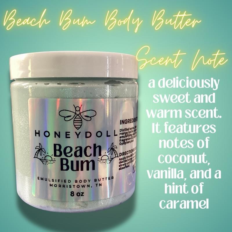 Beach Bum Emulsified Body Butter - Moisturizing with Shea, Mango, Avocado, and Jojoba Oils - Body Care - light shimmer