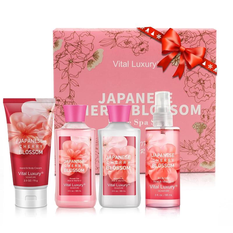 Bath & Body Kit, 3 Fl Oz Travel Size, Ideal Skincare Relaxing Home Spa Set, Includes Body Lotion, Shower Gel, Body Cream, and Fragrance Mist, Bath Gifts for Her and Him (Japanese Cherry