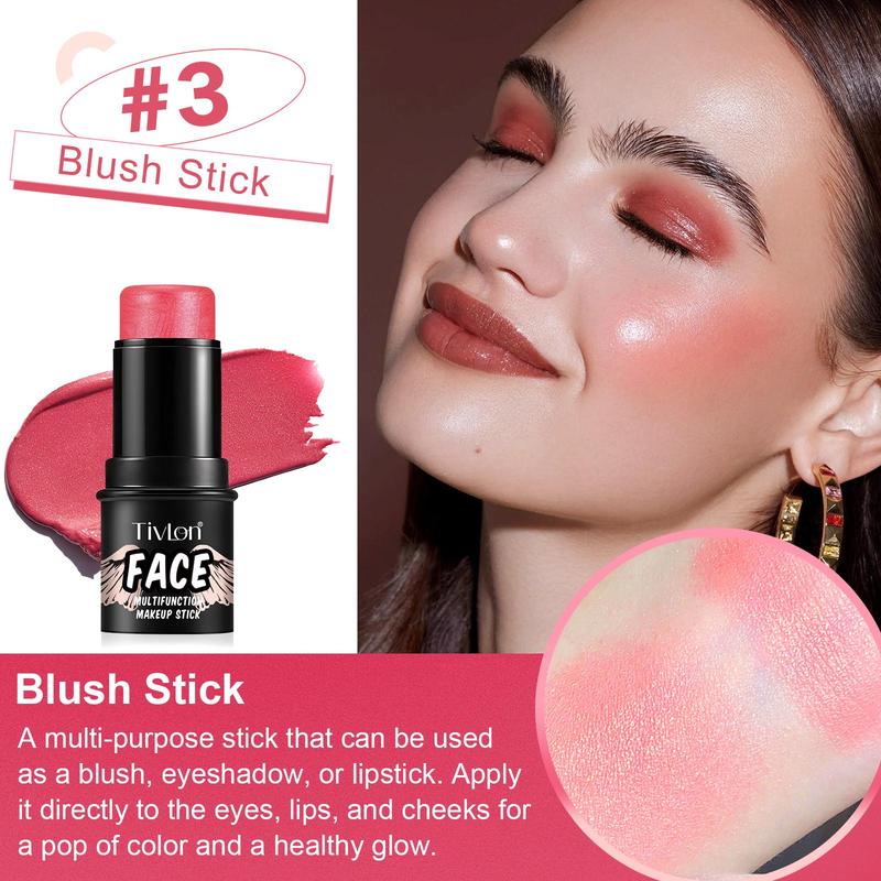 Long-lasting Blush Stick with Brush, 3 Counts Multifunctional Blush Stick, Face Contouring Makeup Stick, Perfect Gift for Women and Girls