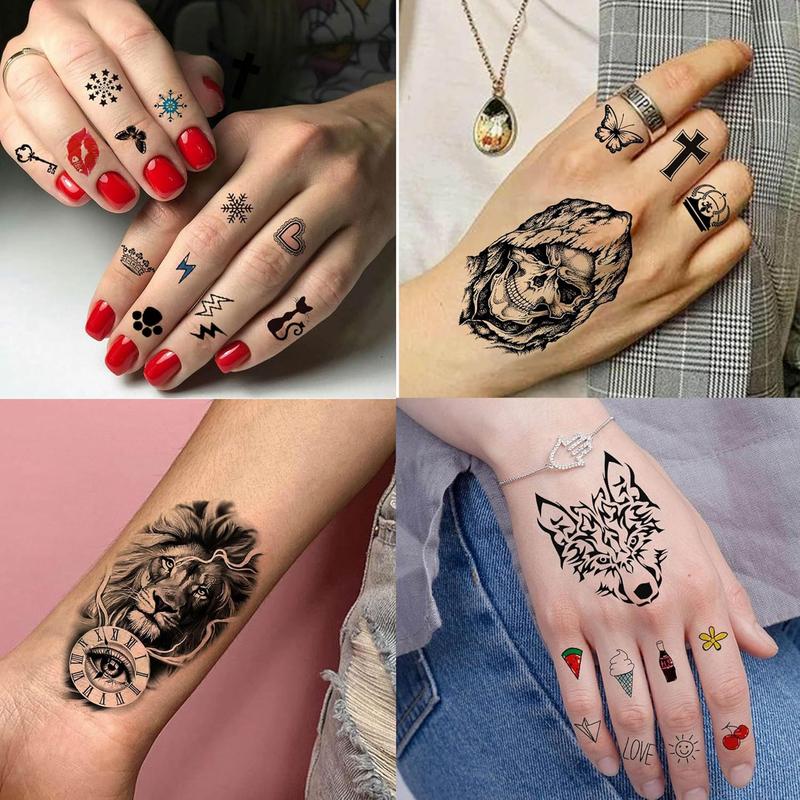 60 Sheets 3D Cool Lion Tiger Temporary Tattoos For Men Women Arm Finger Hands, Small Scary Devil  Skeleton  Tattoos For  Teens , Black Wolf Dragon Realistic  Sticker