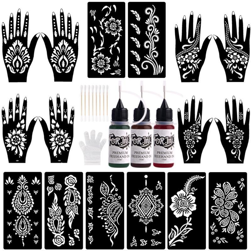 Mixed Color Semi-permanent Tattoo Kit, 1 Set Long-lasting Temporary Tattoo Ink Gel & Sheets Stencils & Accessories, Body Art Kit for Women & Men