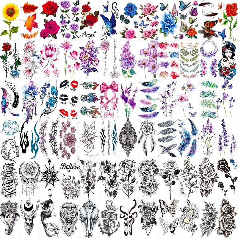 72-82 Sheets Flowers Temporary Tattoo Stickers, Roses, Butterflies and Multicolor Mixed Style Body Art Temporary Tattoos for Women, Girls