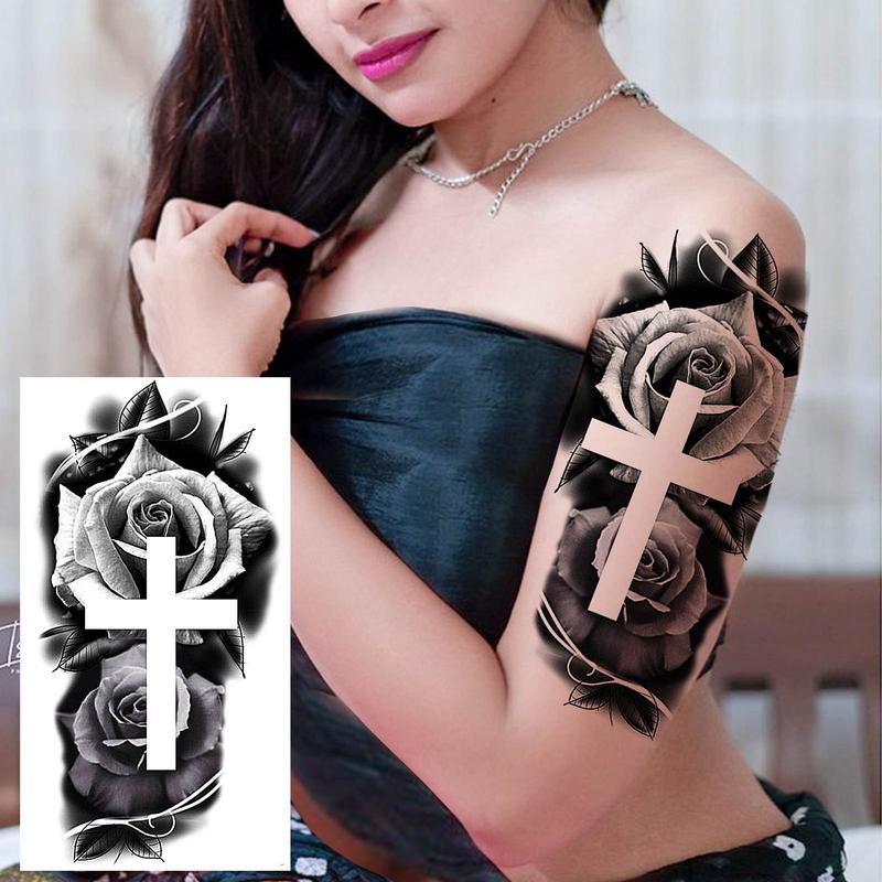 Rose & Cross Pattern Temporary Tattoo Sticker, Waterproof Long Lasting Fake Tattoo Sticker, Body Art Decoration