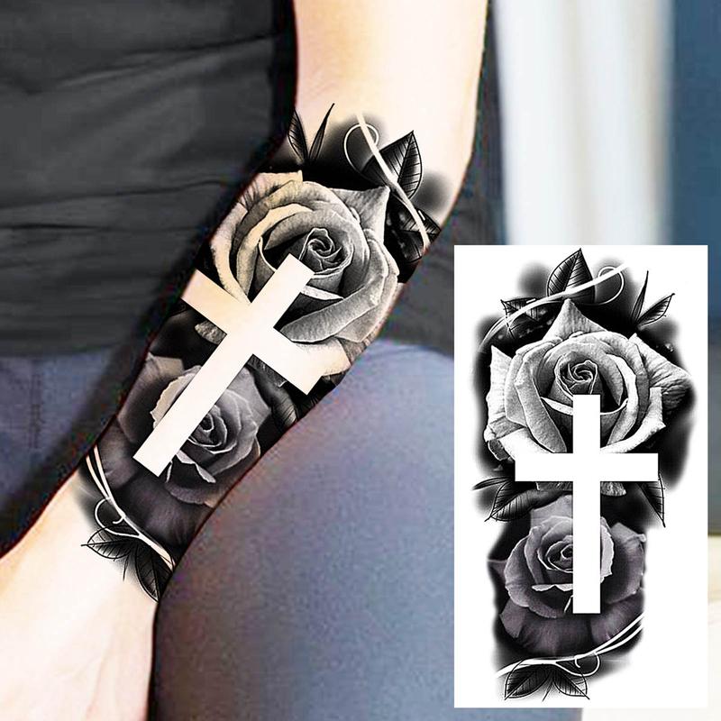 Rose & Cross Pattern Temporary Tattoo Sticker, Waterproof Long Lasting Fake Tattoo Sticker, Body Art Decoration