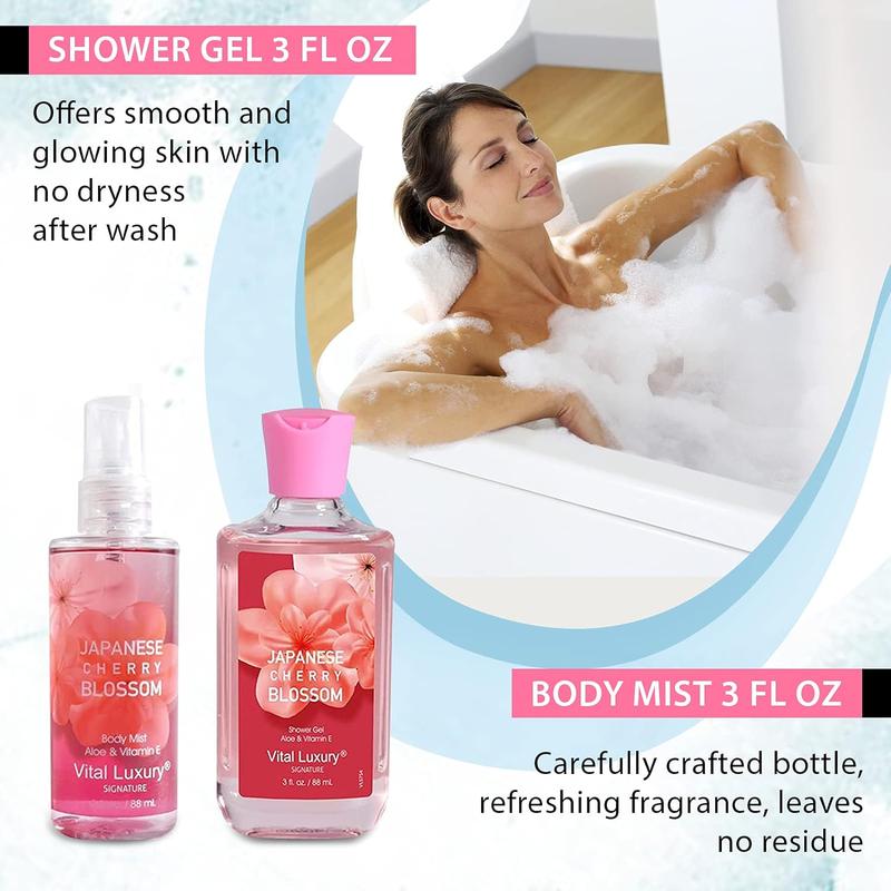 Bath & Body Kit, 3 Fl Oz Travel Size, Ideal Skincare Relaxing Home Spa Set, Includes Body Lotion, Shower Gel, Body Cream, and Fragrance Mist, Bath Gifts for Her and Him (Japanese Cherry