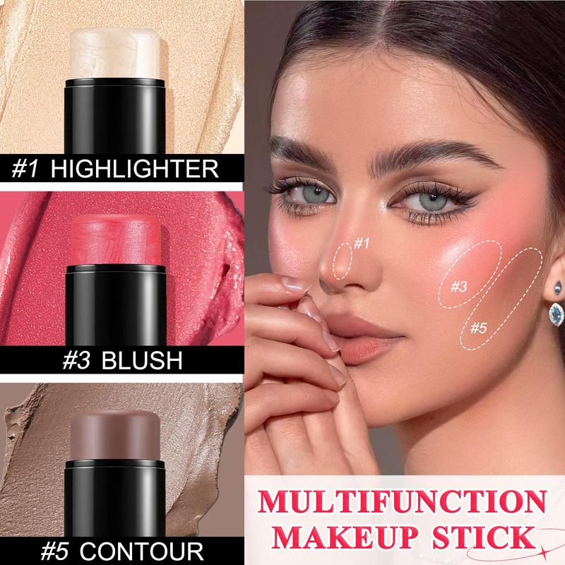 Long-lasting Blush Stick with Brush, 3 Counts Multifunctional Blush Stick, Face Contouring Makeup Stick, Perfect Gift for Women and Girls