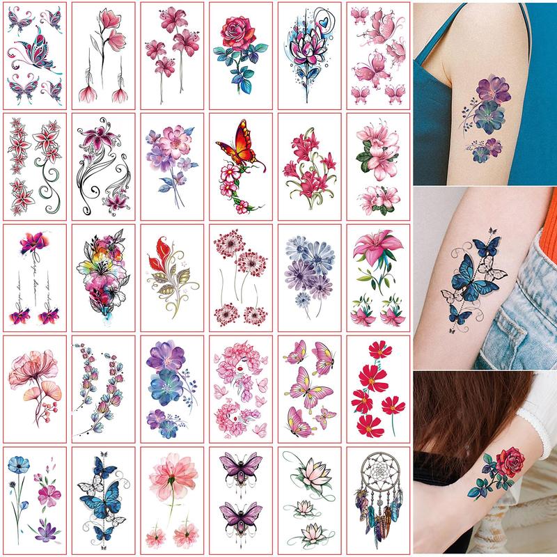 Floral & Butterfly Pattern Temporary Tattoo Sticker, 30pcs set Waterproof Temporary Tattoo Decals, Colorful Body Art Stickers for Back Arm Leg