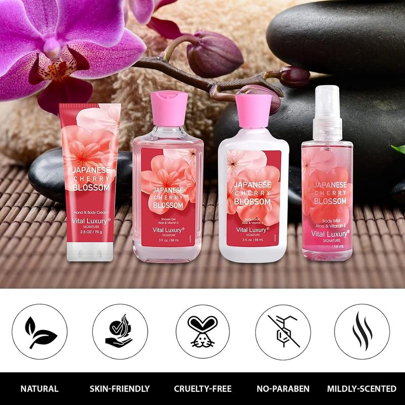 Bath & Body Kit, 3 Fl Oz Travel Size, Ideal Skincare Relaxing Home Spa Set, Includes Body Lotion, Shower Gel, Body Cream, and Fragrance Mist, Bath Gifts for Her and Him (Japanese Cherry