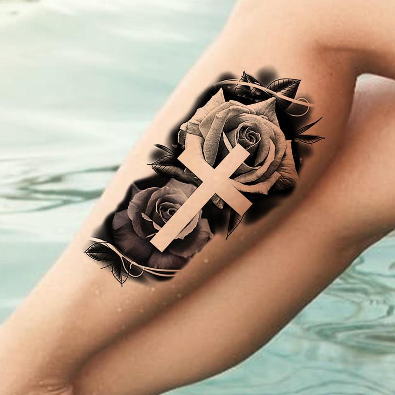 Rose & Cross Pattern Temporary Tattoo Sticker, Waterproof Long Lasting Fake Tattoo Sticker, Body Art Decoration