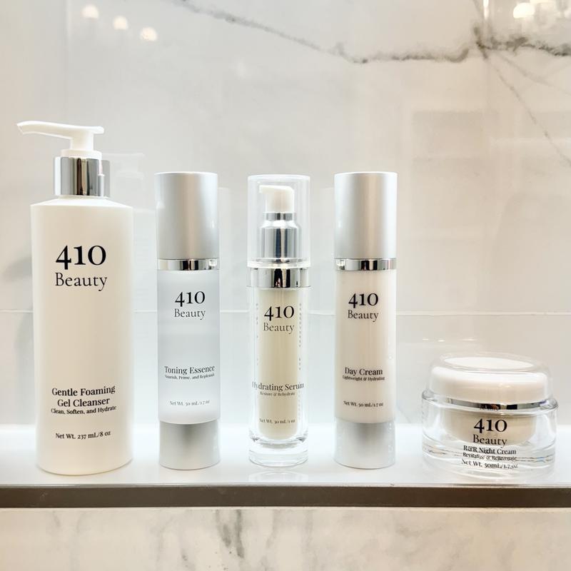 410 Beauty Essentials Bundle- Includes a 237mL bottle of our Gentle Foaming Gel Cleanser, a 50mL bottle of our Toning Essence, a 30mL bottle of our Hydrating Serum, a 50mL bottle of our Day Cream, and a 50mL jar of our R&R Night Cream