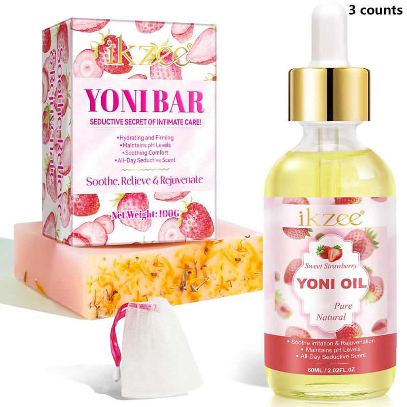 Strawberry Flavor Bath & Body Care Set, Including 1 Count Body Oil & 1 Count Soap with 1 Count Foaming Net, Women's Intimate Cleansing and Care Set