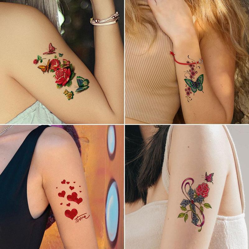 Rose Flower Butterfly Pattern Temporary Tattoo Sticker, 30pcs set Colorful Long Lasting Fake Tattoo Sticker, Body Art Sticker for Women & Girls