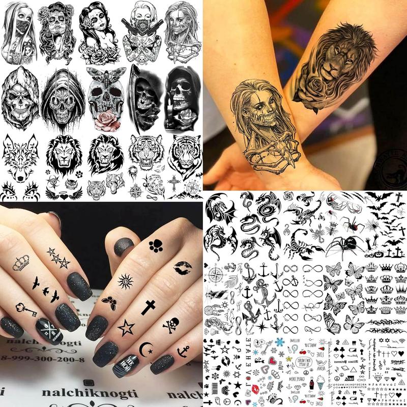 60 Sheets 3D Cool Lion Tiger Temporary Tattoos For Men Women Arm Finger Hands, Small Scary Devil  Skeleton  Tattoos For  Teens , Black Wolf Dragon Realistic  Sticker