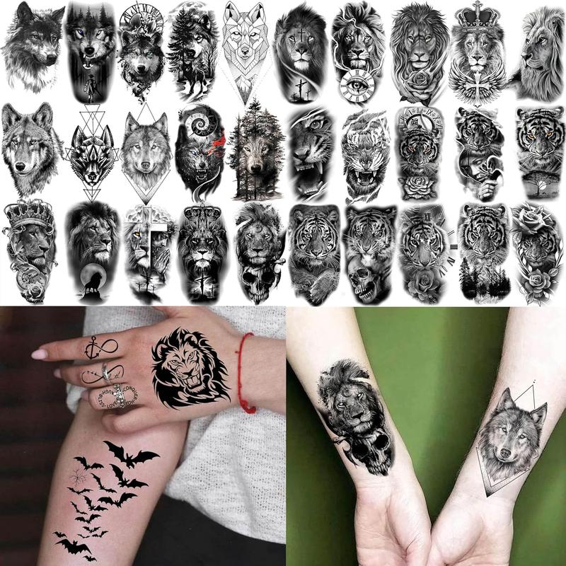 60 Sheets 3D Cool Lion Tiger Temporary Tattoos For Men Women Arm Finger Hands, Small Scary Devil  Skeleton  Tattoos For  Teens , Black Wolf Dragon Realistic  Sticker