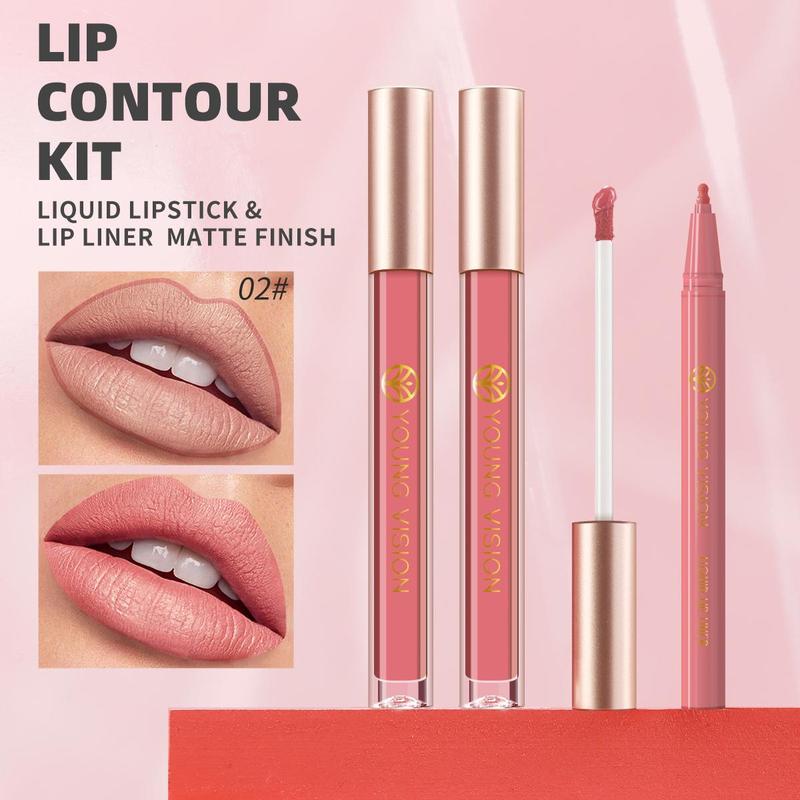 Long Lasting Matte Lipstick & Lip Liner Set, 2 Counts Easy Coloring Lip Gloss & Lip Liner, Moisturizing Matte Lipstick, Suitable for All Occasions Lip Makeup, Girls and Women Makeup Accessories