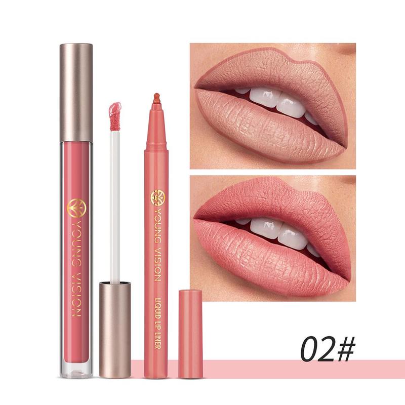 Long Lasting Matte Lipstick & Lip Liner Set, 2 Counts Easy Coloring Lip Gloss & Lip Liner, Moisturizing Matte Lipstick, Suitable for All Occasions Lip Makeup, Girls and Women Makeup Accessories