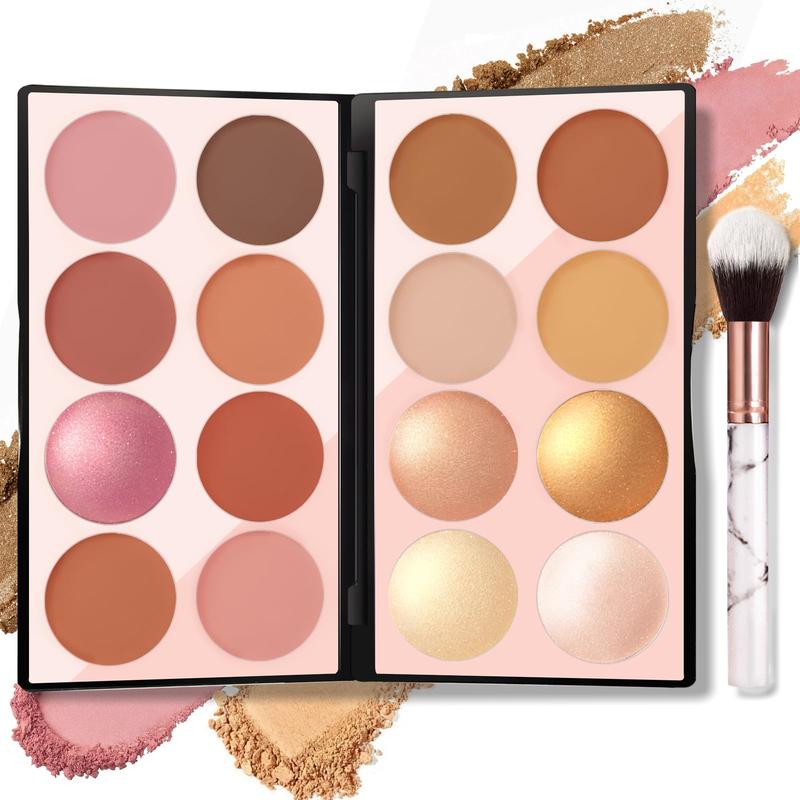 16 - Color Blush Contour Highlighter Makeup Palette with Brush: Matte Mineral Blush, Shimmer Illuminator & Bronzer for Professional Facial Beauty