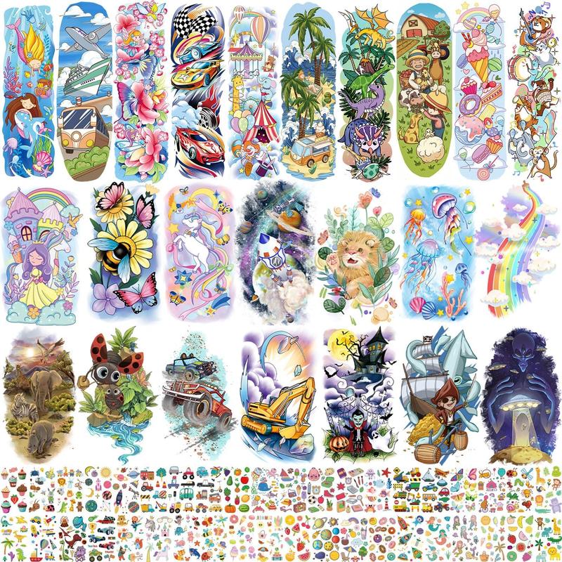 66 Sheets Full & Half Arm Temporary Tattoos Sleeves for , Mixed Size Fake Tattoo Stickers with Dinosaur Cars Mermaid, Hawaiian Party Faovrs Supplies