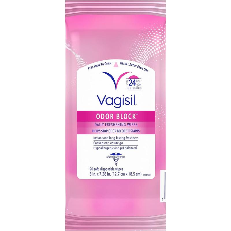 Vagisil Odor Block Daily Freshening Wipes for Feminine Hygiene in Resealable Pouch, Gynecologist Tested & Hypoallergenic, 20 Wipes (Pack of 1) No brand