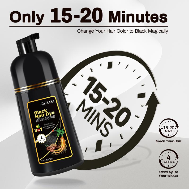 KAISASA Black Hair Dye Shampoo,3 in 1 Herbal Ingredients,Contains Ginseng Extract,Can cover gray hairs,Natural Haircoloring,Plant Haircare