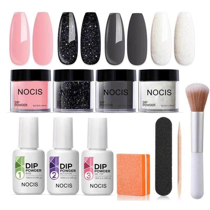 Long-lasting Dip Powder Nail Art Set, 11pcs set Glossy Dipping Powder Nail Kit with Base Coat & Activator & Top Coat & Nail Art Tool, DIY Manicure Kit, Nail Supplies