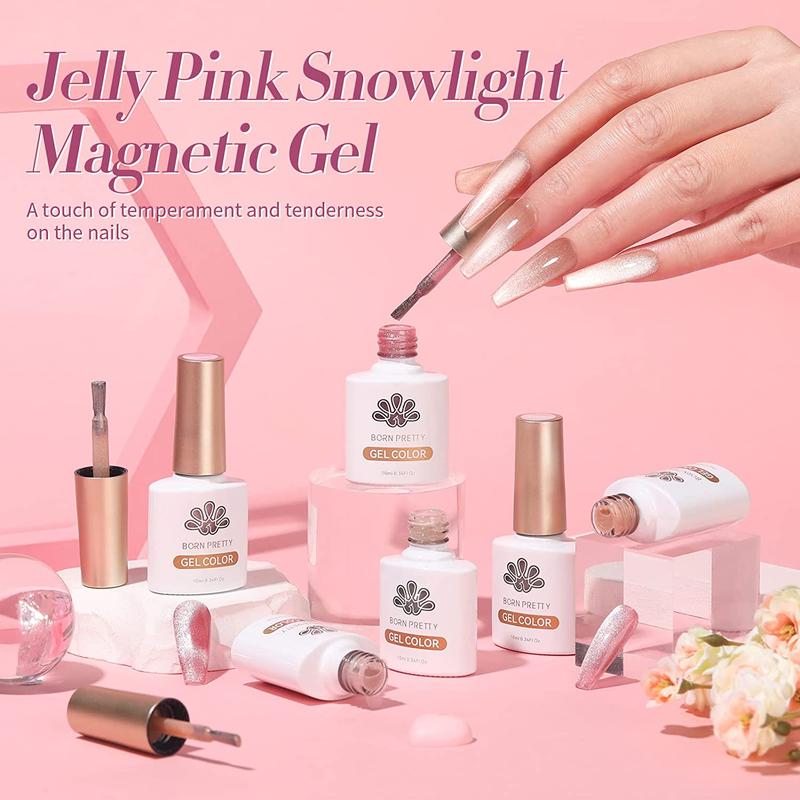 BORN PRETTY Jelly Pink Cat Eye Magnetic Gel Polish Set Snowlight Magnetic Polish Gel With Magnetic Stick Salon Style Nail Art DIY at Home Nail Care