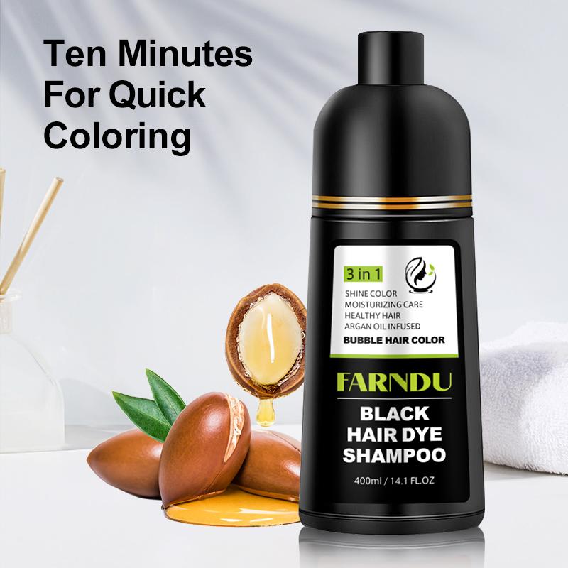 FARNDU-Hair Dye Shampoo, Long Lasting, Plant extracts, 10 Mins Hair Color, Gray Hair Coverage, 3 in 1 (+Shampoo+Conditioner), 5 Colors Available, Glossy and bright, For Men & Women with All Hair Types, Fruity aroma Ammonia-Free Mild (400 mL) Haircare