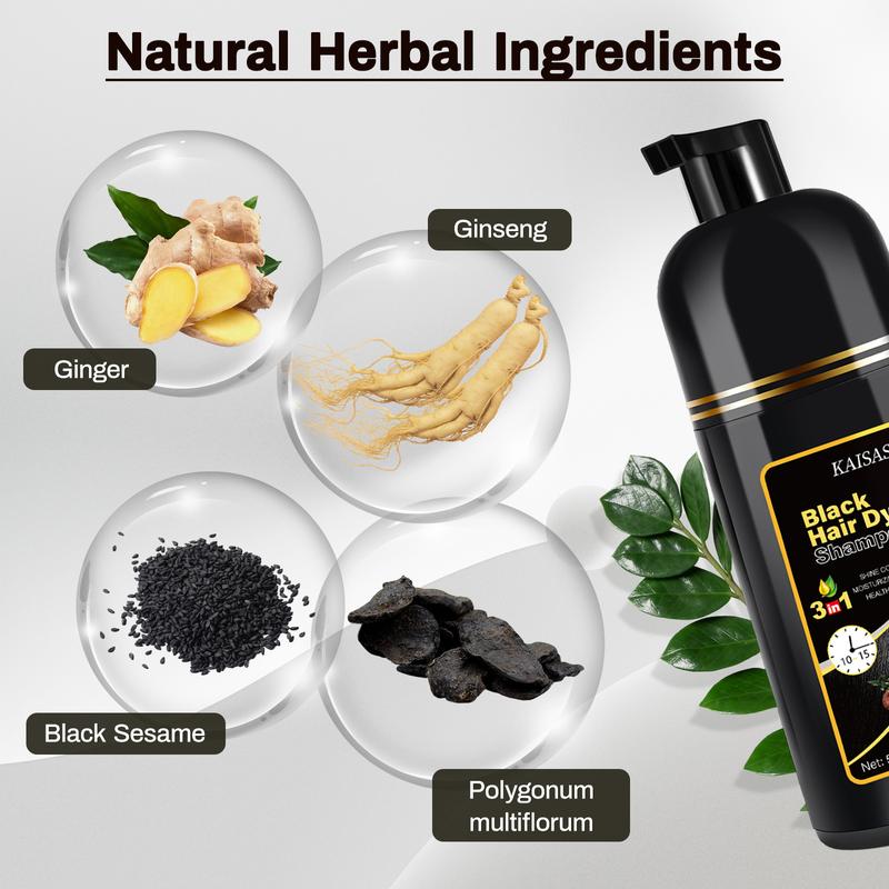 KAISASA Black Hair Dye Shampoo,3 in 1 Herbal Ingredients,Contains Ginseng Extract,Can cover gray hairs,Natural Haircoloring,Plant Haircare