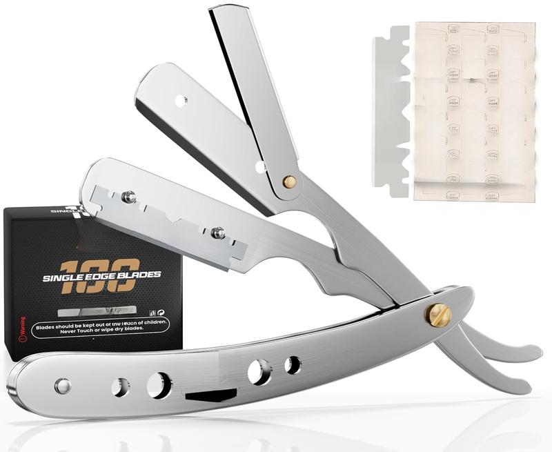 Professional Barber Straight Edge Razor Safety with 100-Pack Blades - 100 Percent Stainless Steel (Silver)