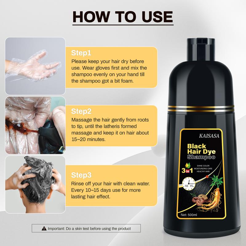 KAISASA Black Hair Dye Shampoo,3 in 1 Herbal Ingredients,Contains Ginseng Extract,Can cover gray hairs,Natural Haircoloring,Plant Haircare