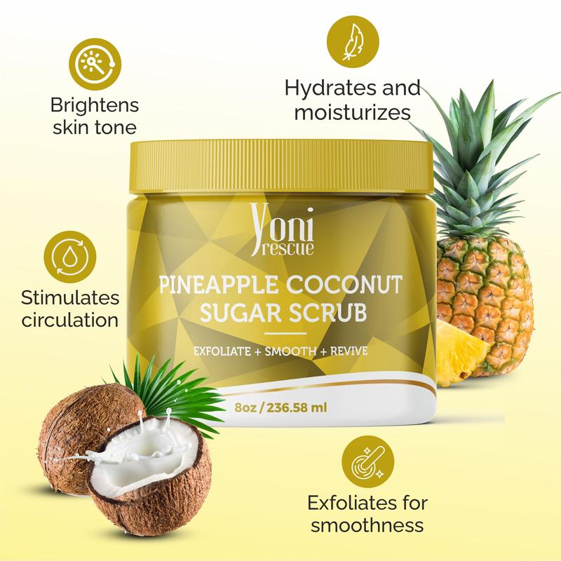 Pineapple Coconut Body & Bath Care Set- Shower Gel(4oz),  Body Essential Oil(4oz) 100% All Natural with Sugar Scrubs(8oz) by Yoni Rescue