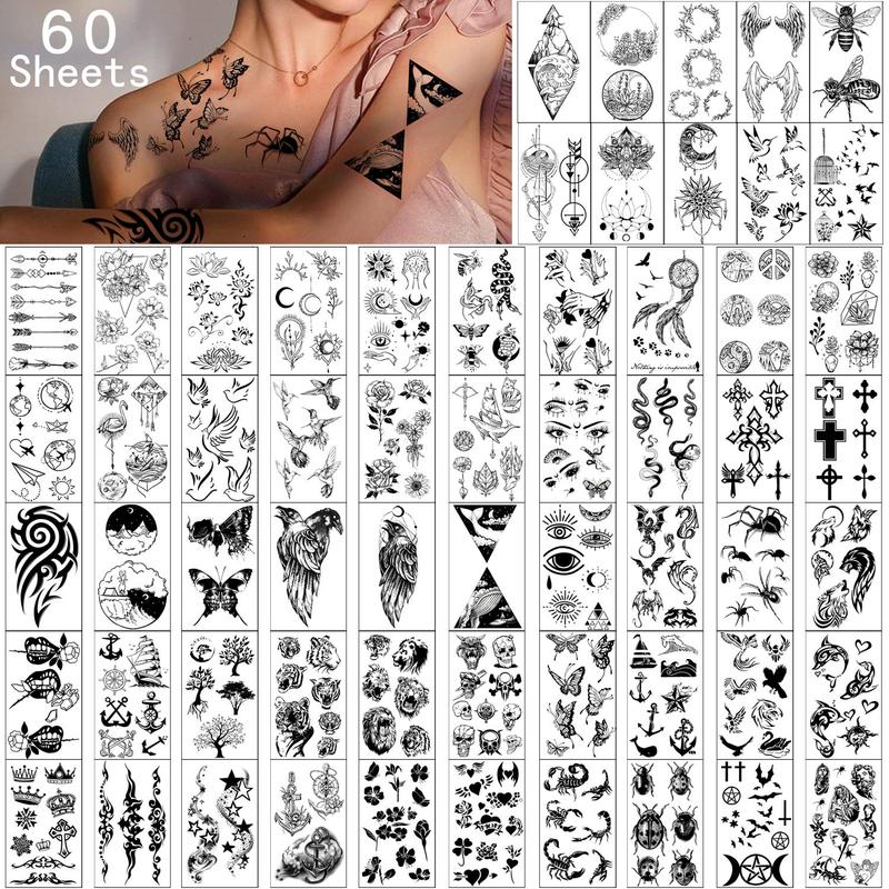 Waterproof Temporary Tattoos - 60 Sheets Tiny Fake Tattoo, Flowers Crowns Stars Animal Butterfly Collection Realistic