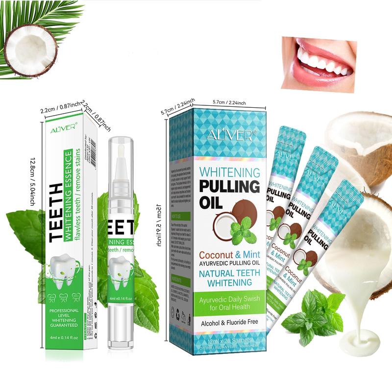 Coconut Oil & Mint Mouthwash and Teeth Cleaning Pen Set, Refreshing and Brightening Teeth Products, Oral Care Set for Men & Women