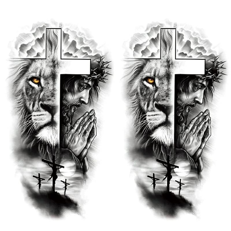 2 Sheets Waterproof Forest Lion Jesus Cross Old School Arm Leg Temporary Tattoo Halloween Long Lasting