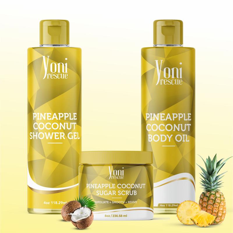 Pineapple Coconut Body & Bath Care Set- Shower Gel(4oz),  Body Essential Oil(4oz) 100% All Natural with Sugar Scrubs(8oz) by Yoni Rescue