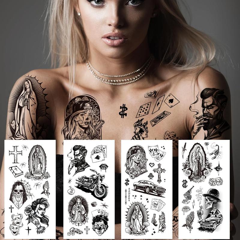 BG 12 Sheets Large Chicano Temporary Tattoos, Temporary Tattoos, Chicana Guadalupe Gangster Fake Tattoos Day of the Dead, Day of the Dead, Temporary Tattoos, Halloween Mexico Tattoos