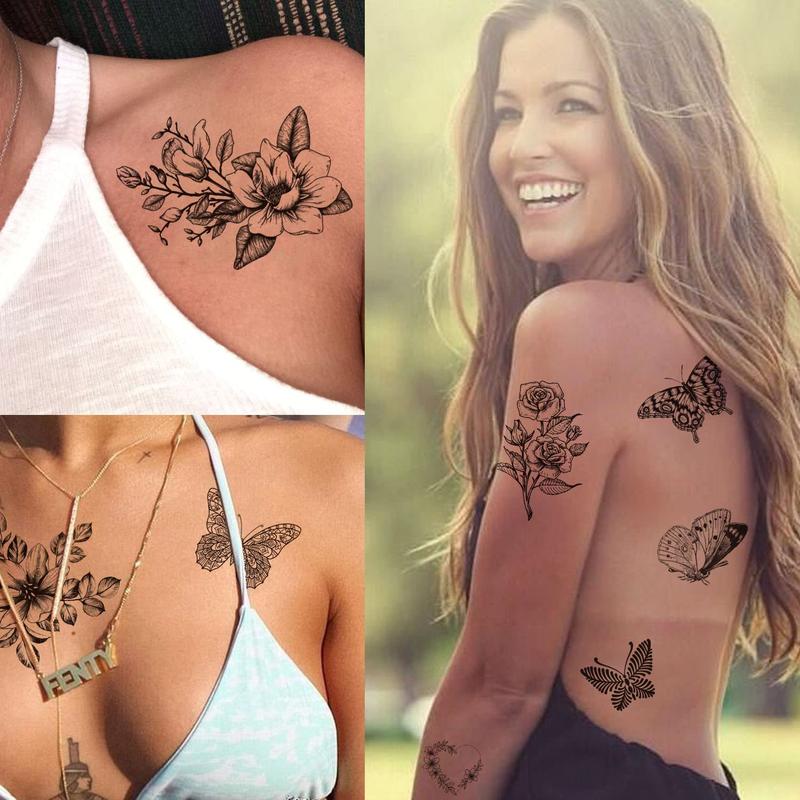 6 Sheets Black Flower Butterfly Temporary Tattoos For Women Girls Long Lasting Realistic Waterproof Fake Tattoos Arm Legs Chest Body Art Sketch Tattoo Stickers