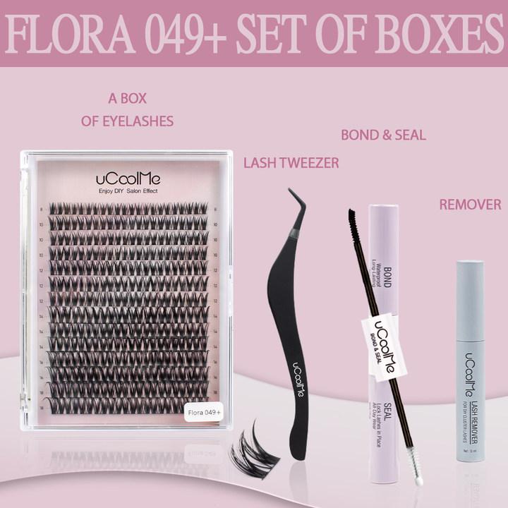 uCoolMe Lashes Flora 049 Eyelashes kit Makeup Cluster D Curl Bond & Seal and Remover For Girl Beginner Friendly