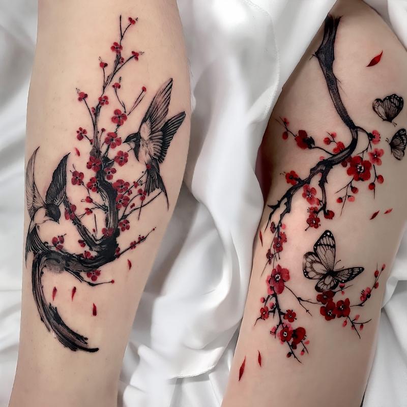 8pcs set Plum Blossom Pattern Tattoo Sticker, Waterproof Long Lasting Tattoo Sticker for Women & Men, Temporary Body Art, Festival & Party Body Decoration Stickers, Tattoo Patch, Real Looking Temporary Tattoo, Girly Room Accessories Makeup