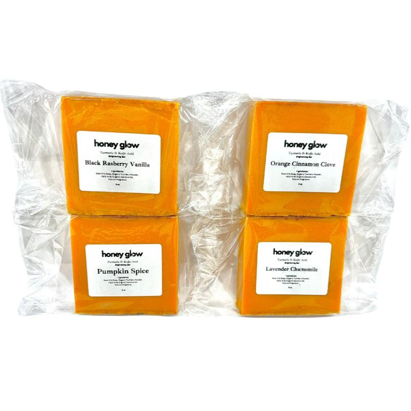 Honey Glow 4-Pack (NEW SCENTS) Turmeric & Kojic Soap: Black Rasberry Vanilla, Pumpkin Spice, Orange Cinnamon Clove, Lavender Sage