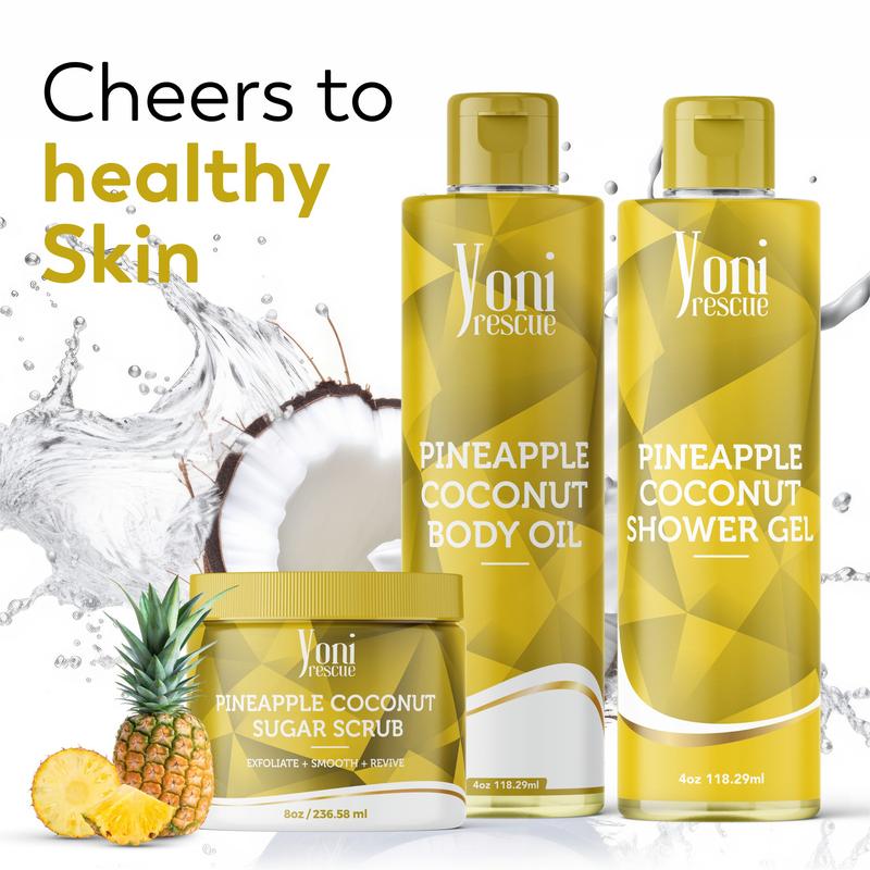 Pineapple Coconut Body & Bath Care Set- Shower Gel(4oz),  Body Essential Oil(4oz) 100% All Natural with Sugar Scrubs(8oz) by Yoni Rescue