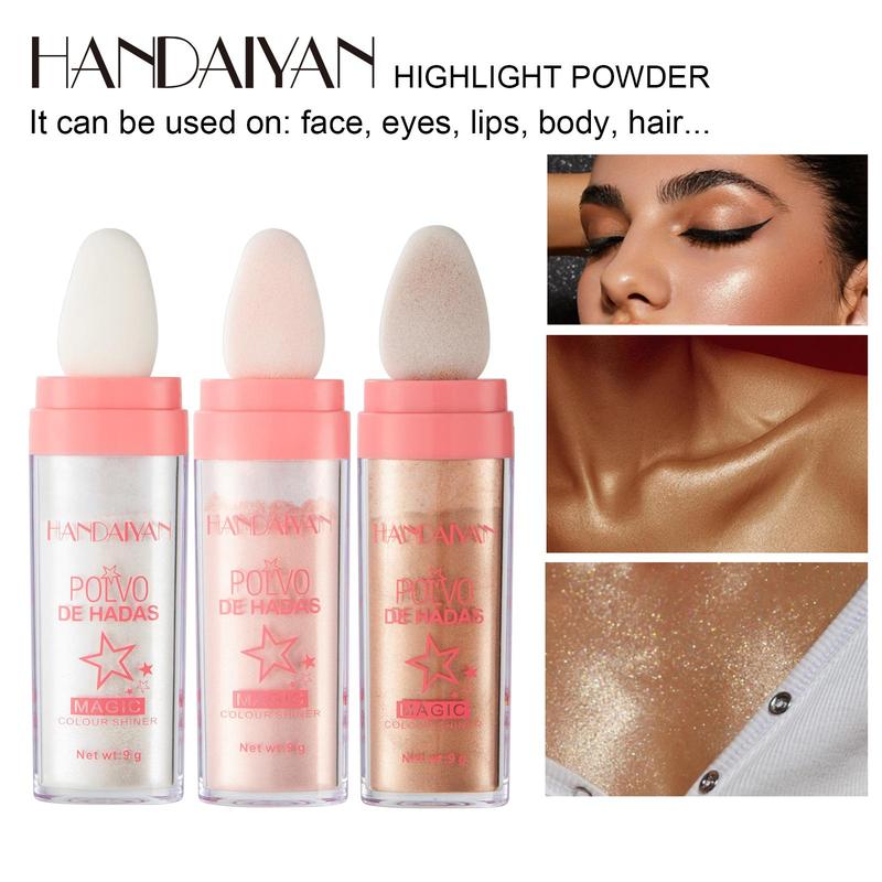 Shimmering Highlighter Powder Stick with Soft Sponge Head, Long Lasting Body Glitter Makeup Highlight Powder, Pearly Face Brightener