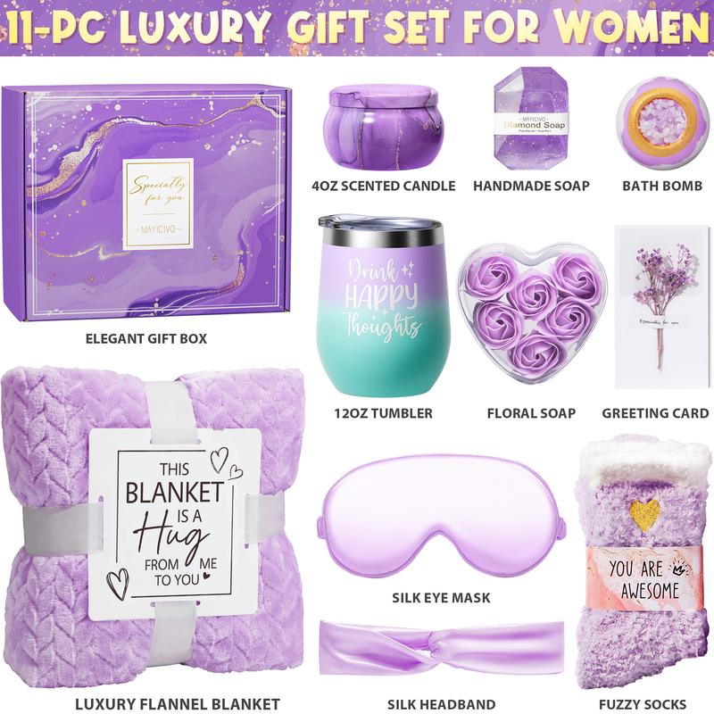 Mayicivo Christmas Thanksgiving Birthday Gifts for Women Self Care Gifts Relaxing Spa Gifts Care Package Unique Anniversary Blue Gifts Basket Kit with Flannel Blanket for Mother Wife Bset Friend Sister Her