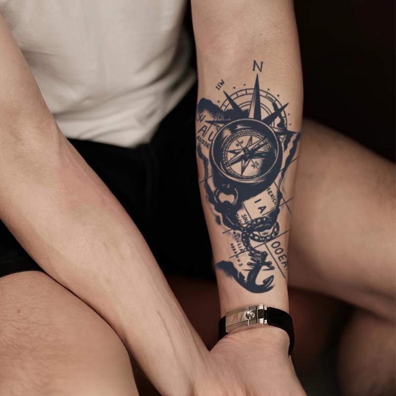 Nautical Compass Design Temporary Tattoo Stickers-Waterproof, Herbal Technology, Semi-Permanent Effect Lasts for 7-12 Days, Non-Reflective-1 Pack