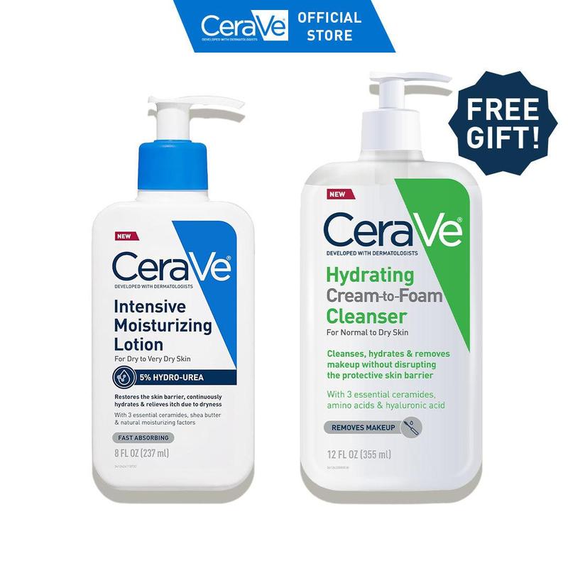 CeraVe Makeup Lover Skincare Duo: CeraVe Hydrating Cream-to-Foam Cleanser (Normal to Dry Skin + Removes Makeup) & NEW CeraVe Intensive Moisturizing Lotion (Dry to Very Dry Skin + 5% Hydro-Urea)