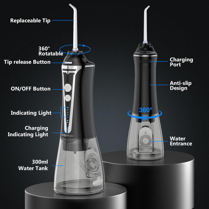 H2ofloss Water Flosser Cordless Professional Dental Oral Irrigator, Portable & Rechargeable Teeth Cleaner Picks 300ML IPX7 Waterproof Waterflosser Flossing Machine for Home Travel