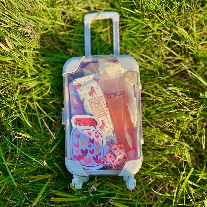 Mini Suitcase Bundle with Self-Care Items, Including Lipglosses, Lip Balms, Lip Scrubs, Handcream, Scrunchie, and More lip gloss Makeup Cosmetic