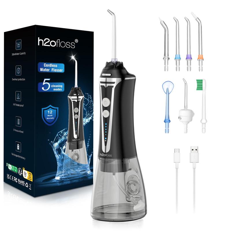 H2ofloss Water Flosser Cordless Professional Dental Oral Irrigator, Portable & Rechargeable Teeth Cleaner Picks 300ML IPX7 Waterproof Waterflosser Flossing Machine for Home Travel