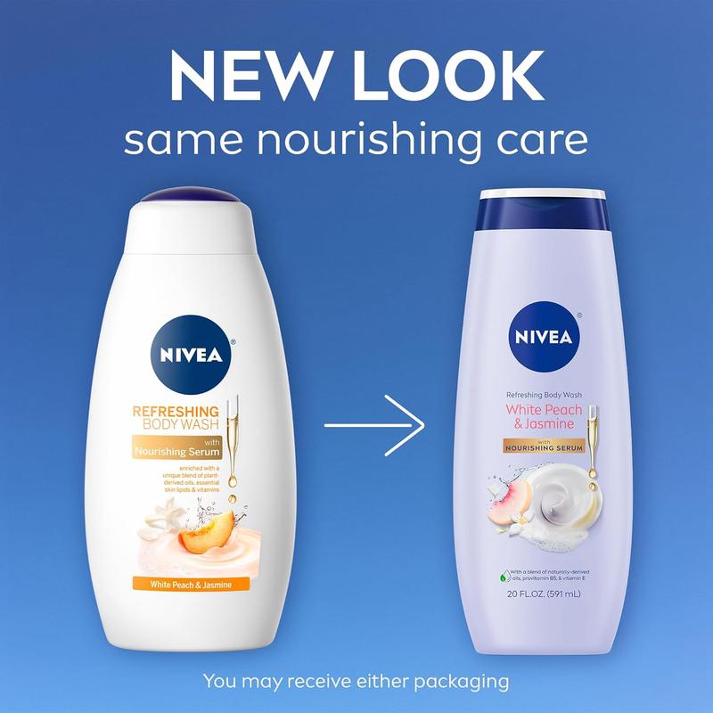 NIVEA Body Wash Set with Nourishing Serum, Moisturizing Body Wash for Dry Skin, Shea Butter Nourishing Body Wash, 20 Fl Oz + White Peach and Jasmine Body Wash, 20 Fl Oz, Holiday Gifts for Women