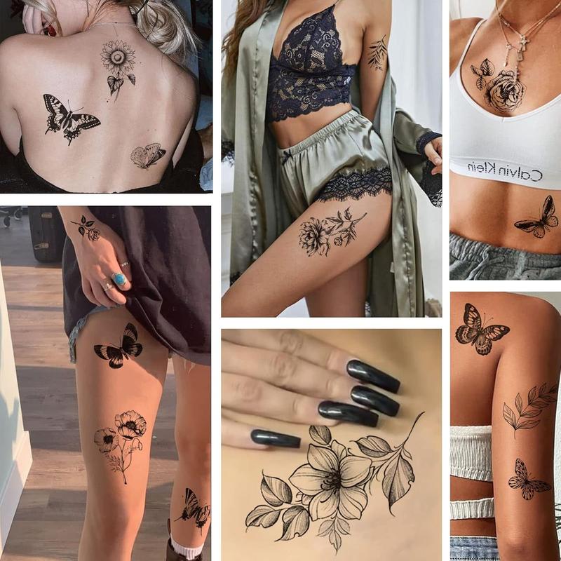 6 Sheets Black Flower Butterfly Temporary Tattoos For Women Girls Long Lasting Realistic Waterproof Fake Tattoos Arm Legs Chest Body Art Sketch Tattoo Stickers